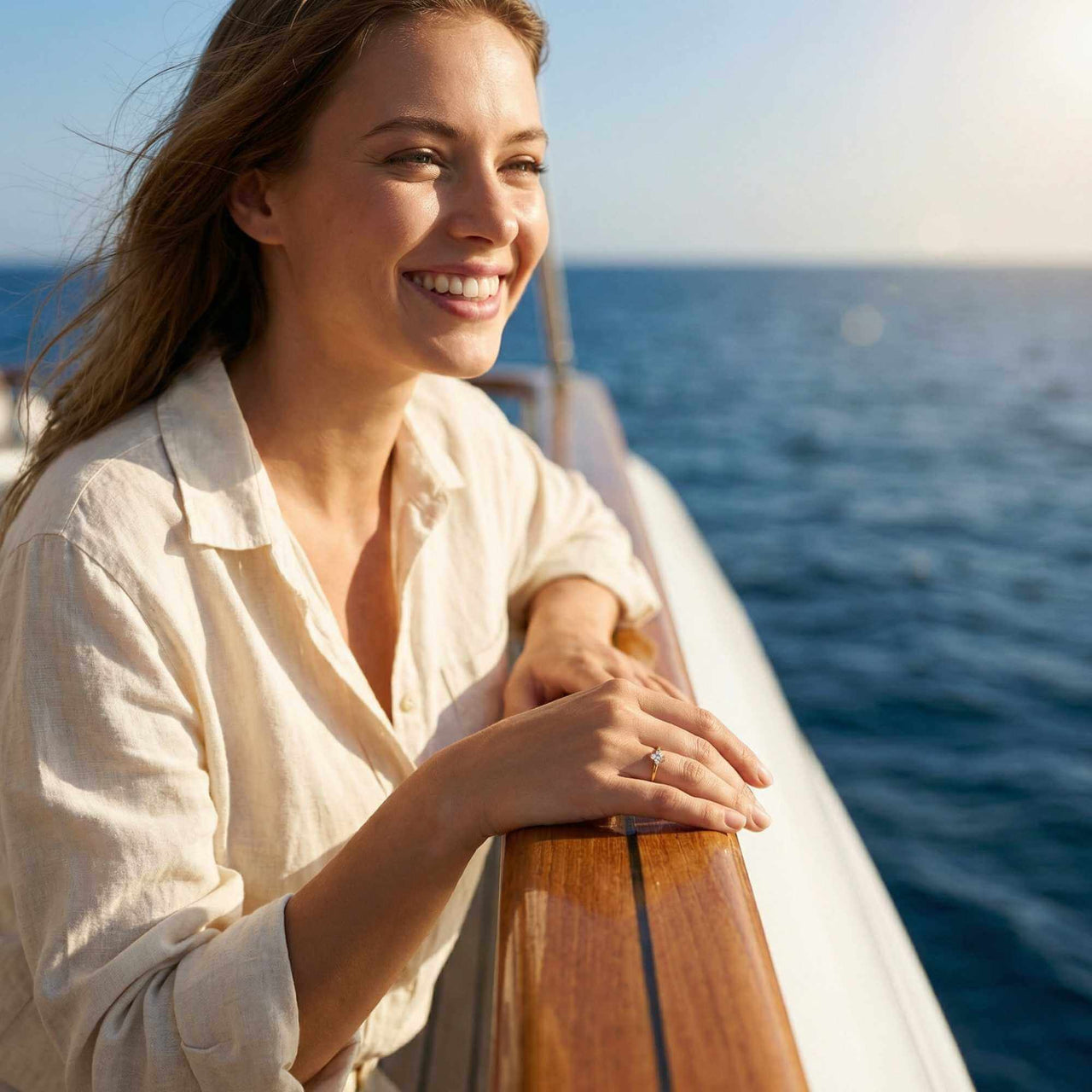 Woman smiling on a boat, showcasing the Crystal Flower Ring by Brother & Sisters, with sparkling zirconia stones.