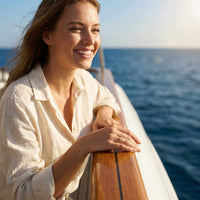 Thumbnail for Woman smiling on a boat, showcasing the Crystal Flower Ring by Brother & Sisters, with sparkling zirconia stones.