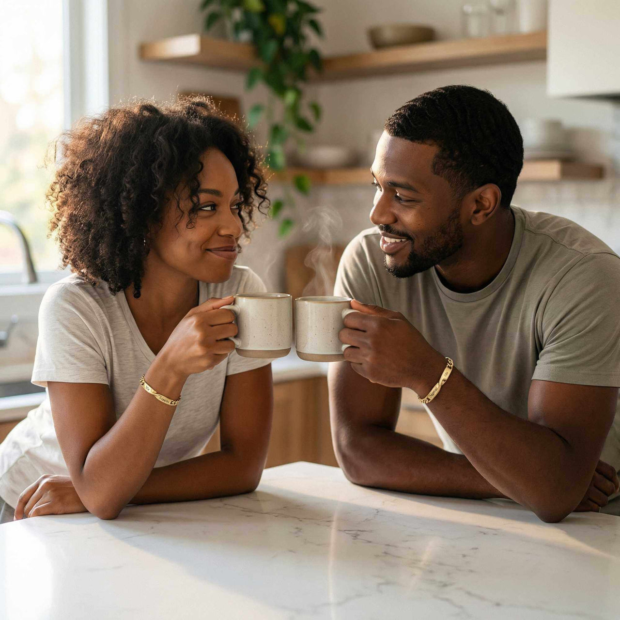 Couple wearing Infinity Bond Matching Bracelets, sharing coffee moments together in a cozy kitchen.