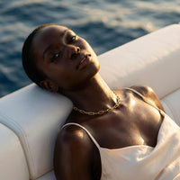 Thumbnail for Model showcasing the Ria Paperclip Chain Necklace by Brother & Sisters, featuring bold links and a chic design.