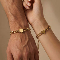 Thumbnail for Love Couple Bracelet featuring polished heart on a bold Cuban link chain by Brother & Sisters.