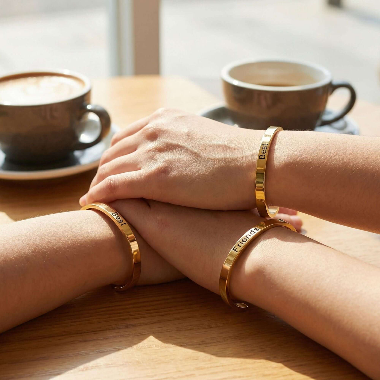 Matching Couple Bracelet worn by two people with personalized engravings, showcases minimalist design by Brother & Sisters.