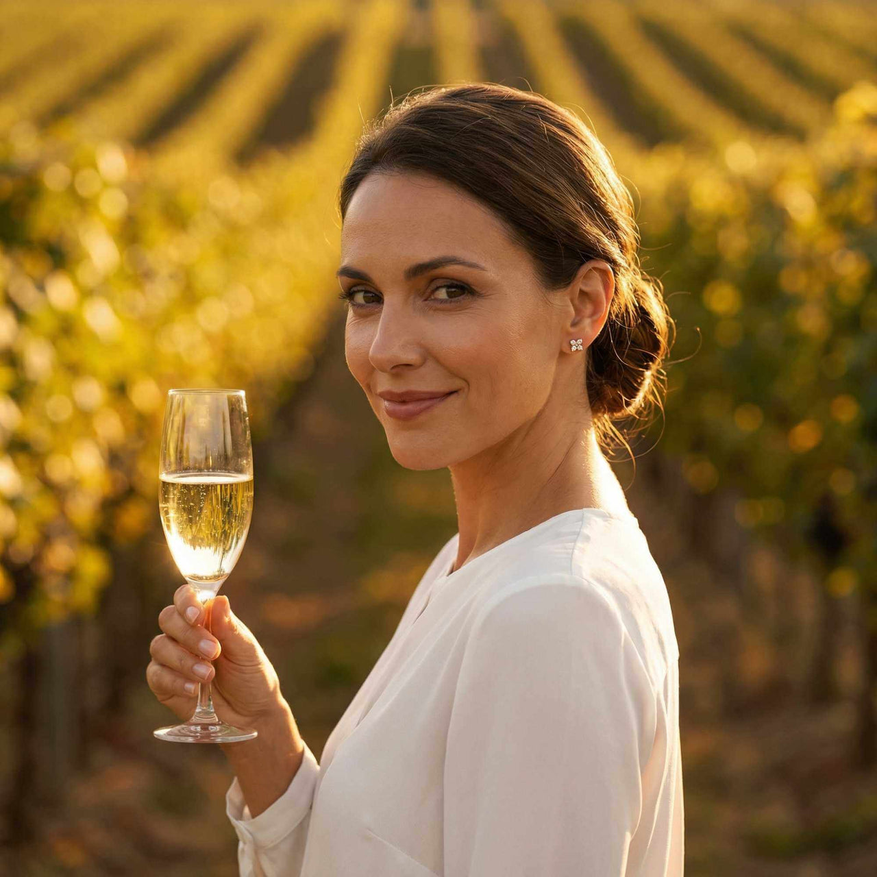 Model wearing Crystal Flower Stud Earrings while holding a glass of wine in a vineyard setting.