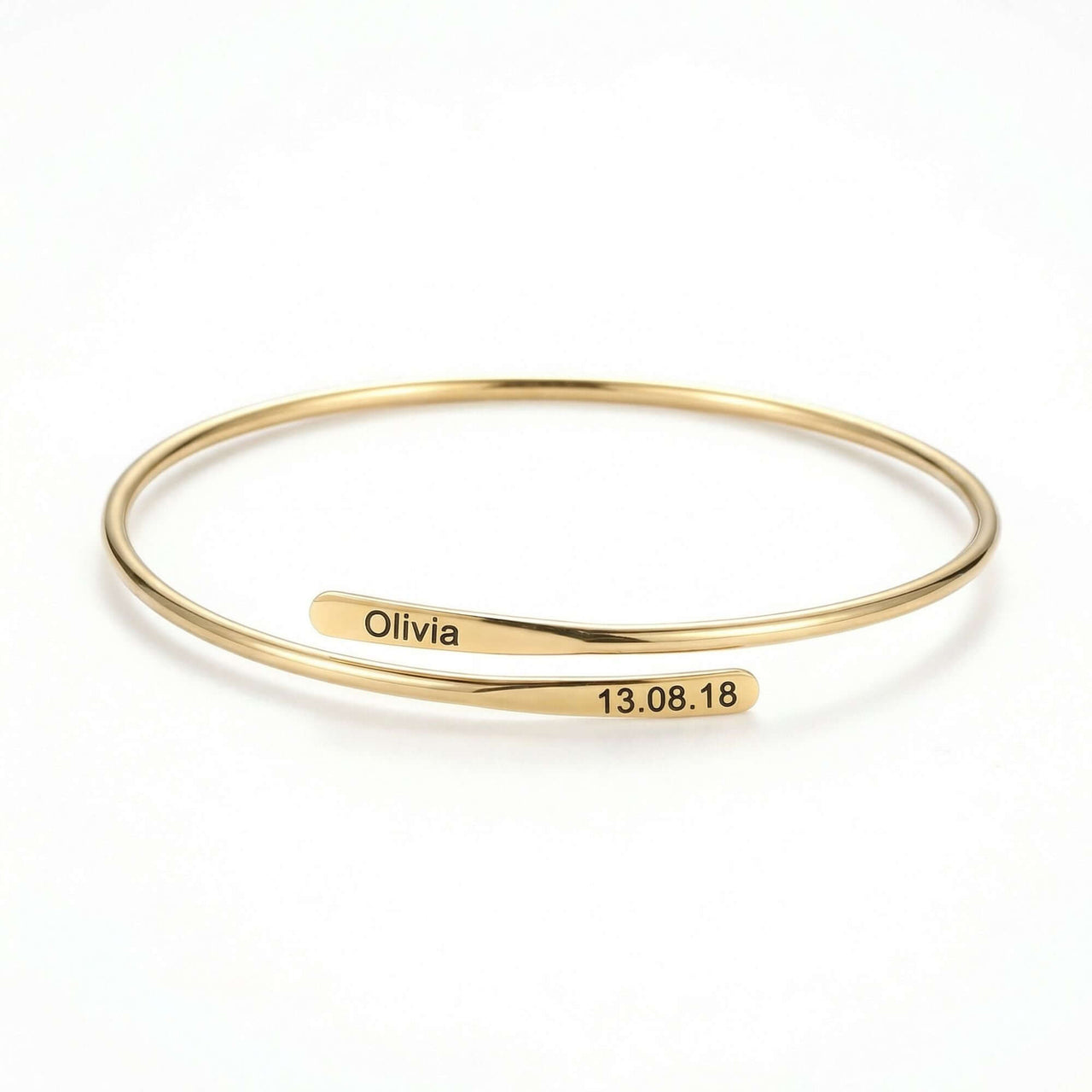 Wrap Couple Bracelet by Brother & Sisters, personalized with names and a date, delicate bypass cuff design.
