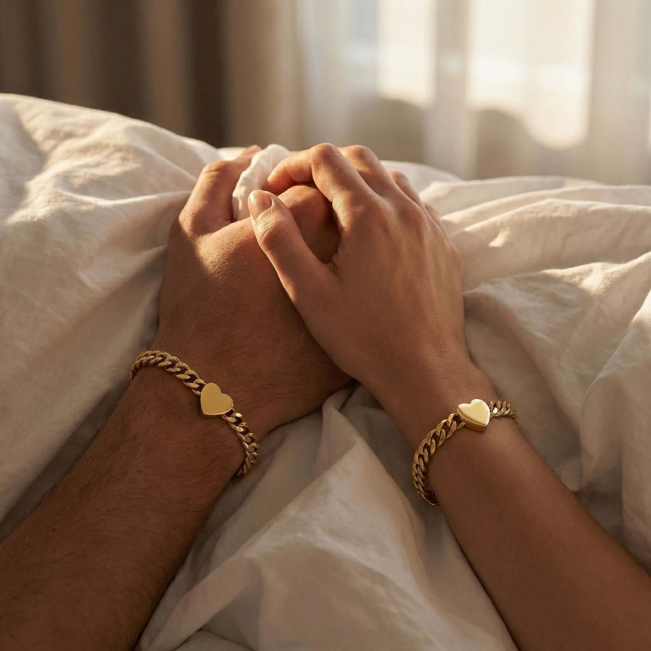 Love Couple Bracelet by Brother & Sisters, featuring polished heart and Cuban link design, symbolizing connection.