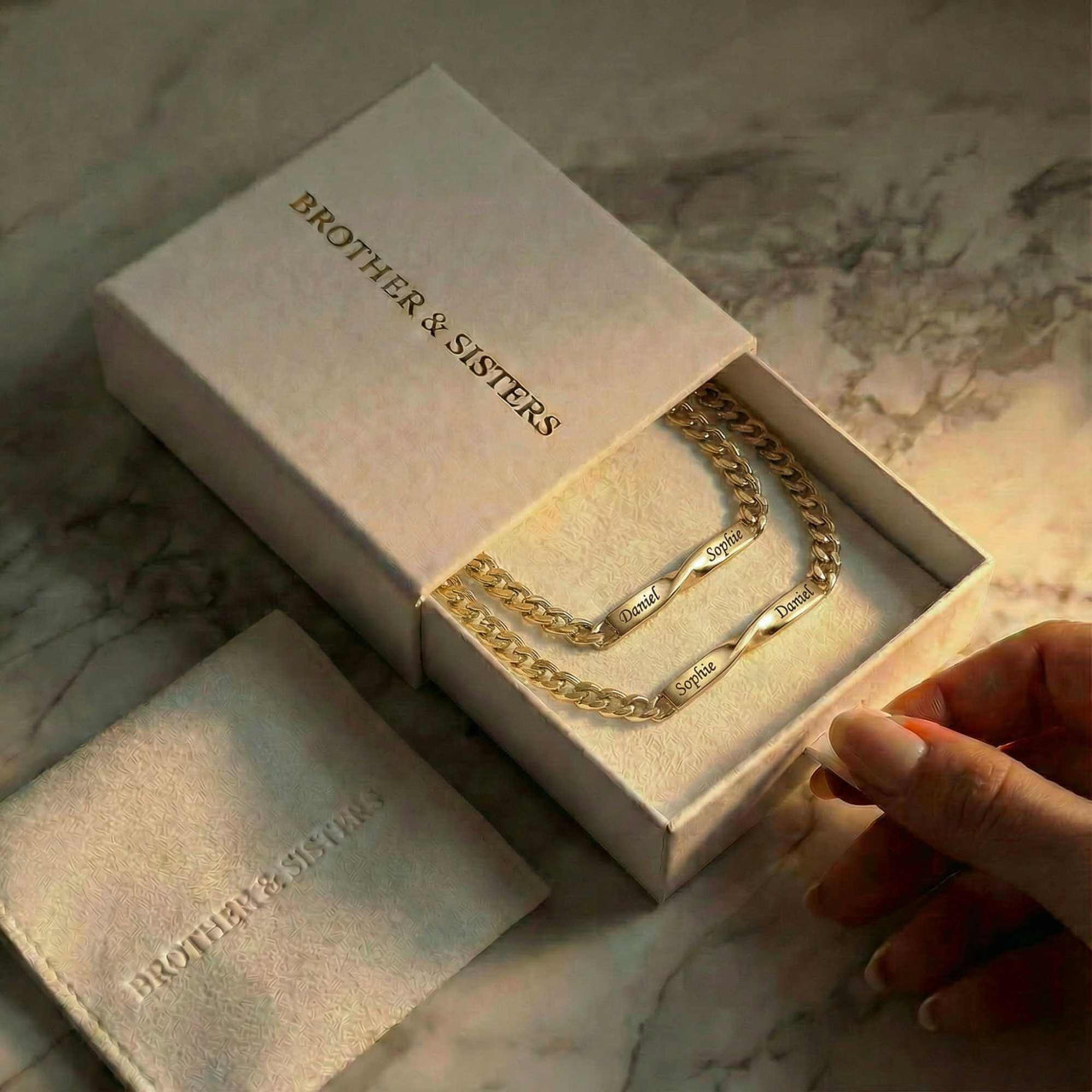 Infinity Bond Matching Bracelet in elegant packaging by Brother & Sisters, showcasing the twisted name feature.