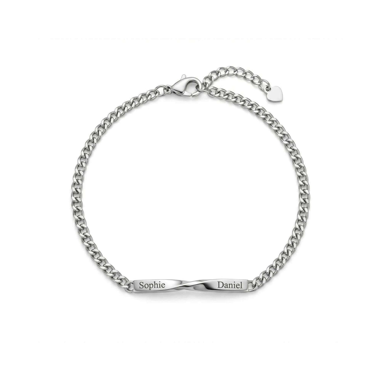 Infinity Bond Matching Bracelet featuring twisted bar with names Sophie and Daniel, by Brother & Sisters.