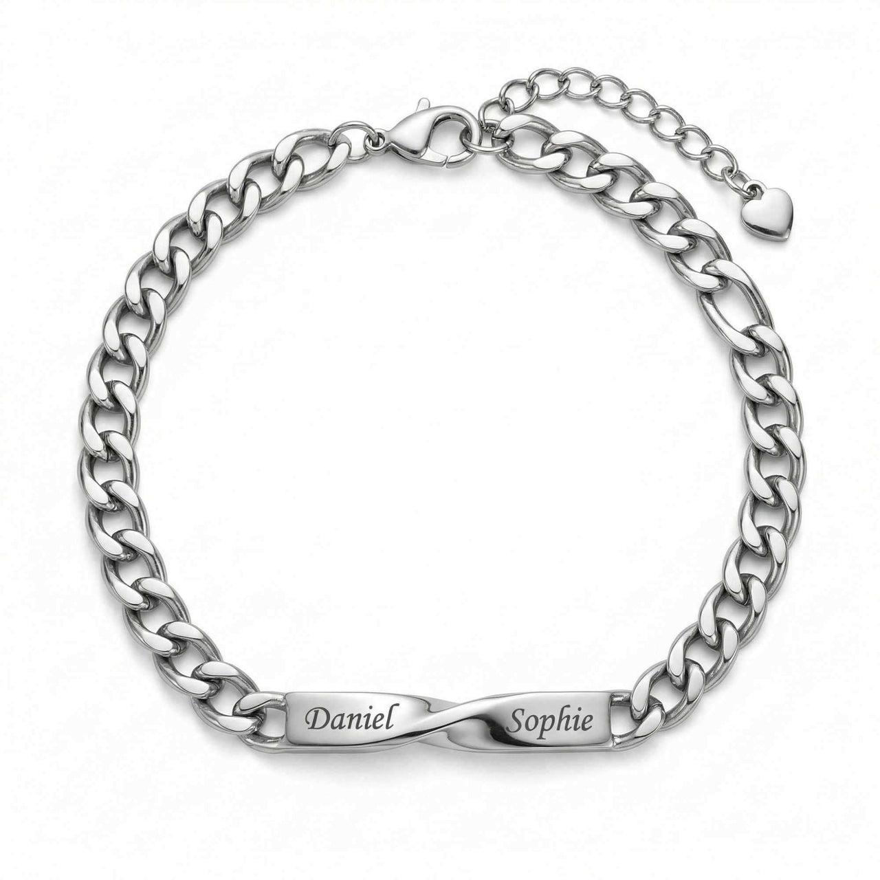Infinity Bond Matching Bracelet featuring two names, Daniel and Sophie, symbolizing unbreakable connection by Brother & Sisters.