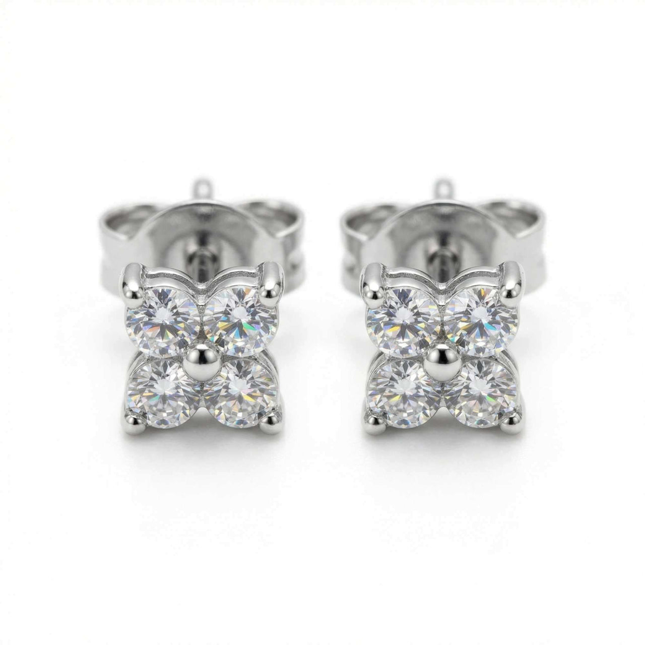 Crystal Flower Stud Earrings by Brother & Sisters, featuring 5mm four-leaf zirconia stones for quiet luxury and sparkle.