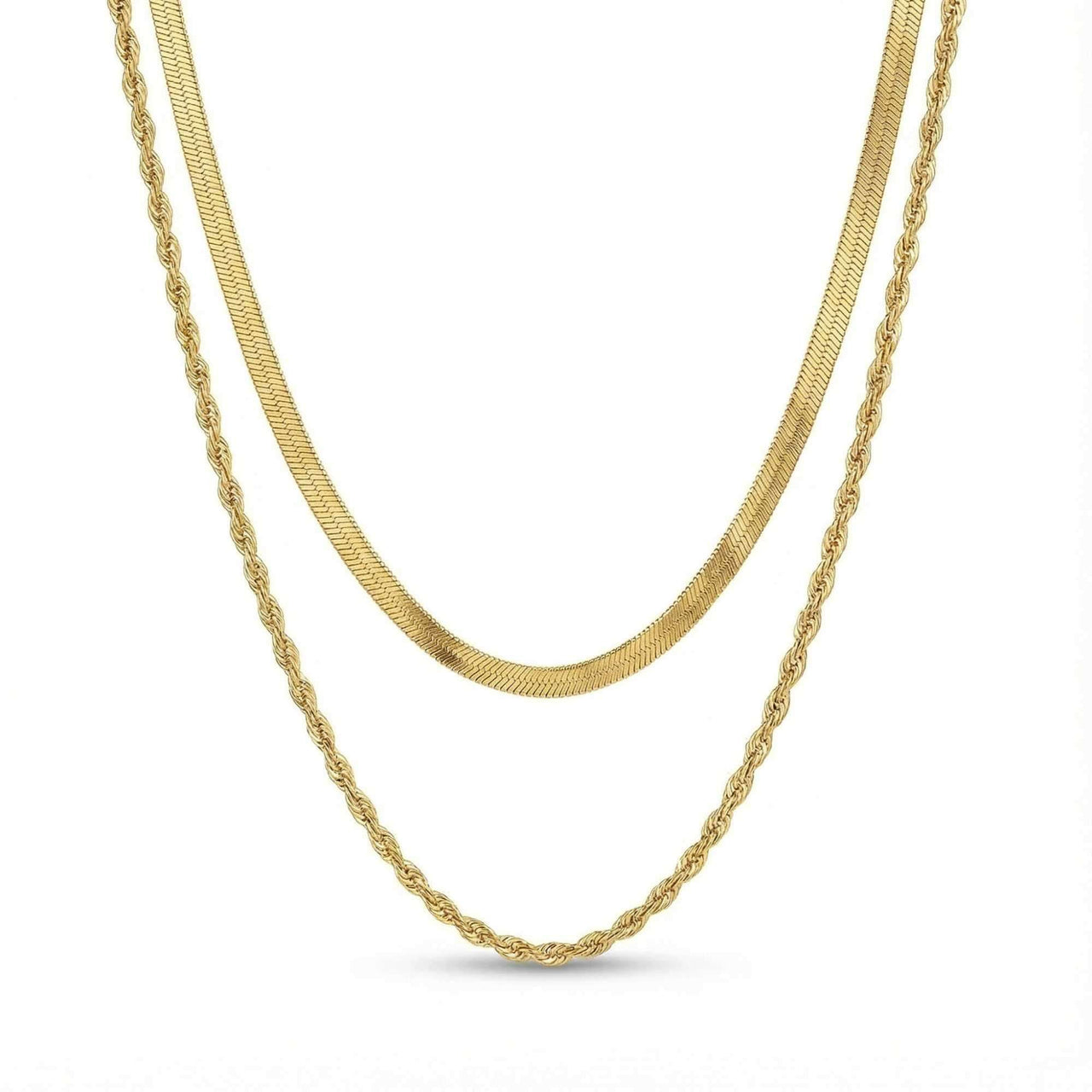 The Double Luxe necklace by Brother & Sisters featuring a gold herringbone and rope chain for effortless layering.