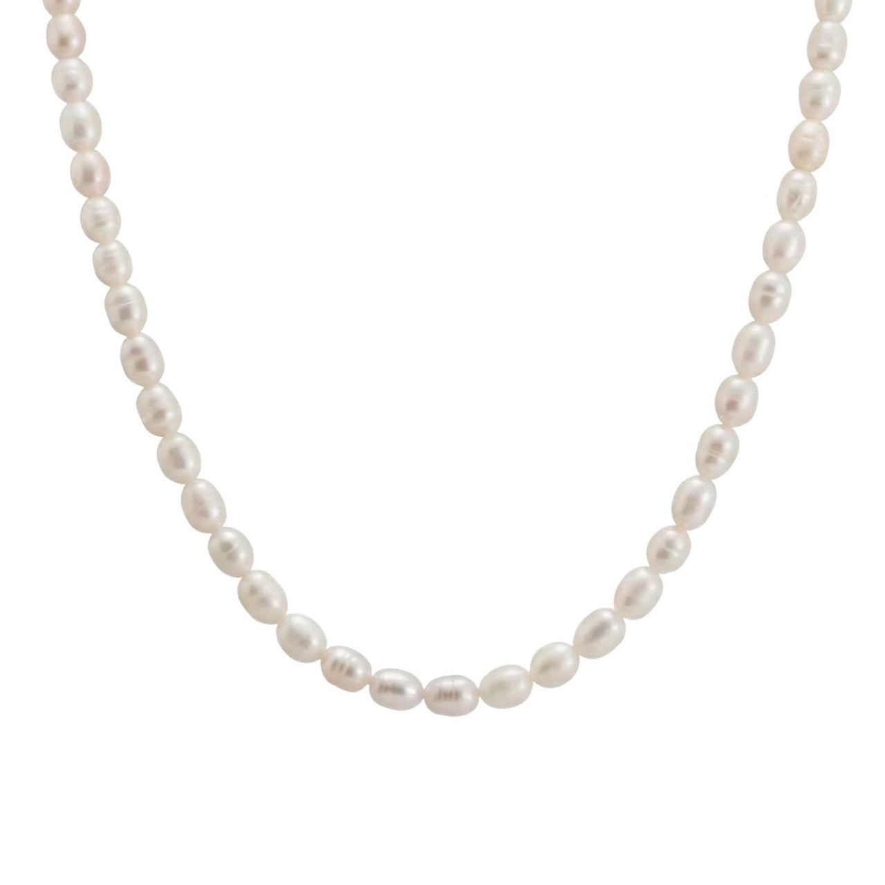 Studio packshot of B&S freshwater pearl strand — natural cultured pearls, dainty 4mm size, no clasp visible