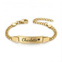 Thumbnail for Infant Bracelet from Brother & Sisters featuring a gold chain with personalized engraving of 'Charlotte'