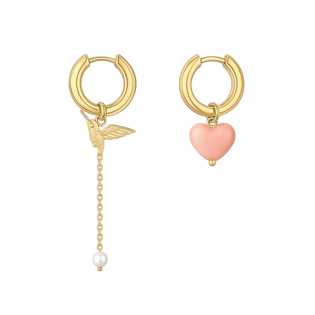 Celeste Charm Hoops, asymmetric gold earrings with hummingbird and pink heart, by Brother & Sisters.