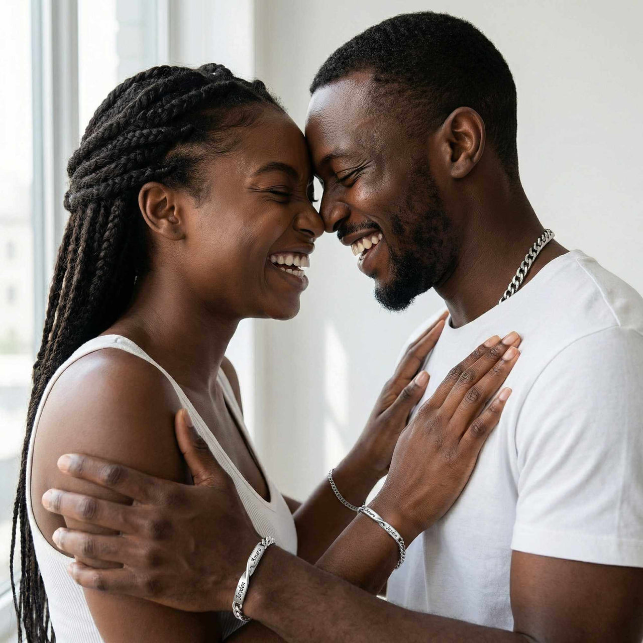 Couple wearing Infinity Bond Matching Bracelet by Brother & Sisters, showcasing their connection and love.