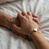 Thumbnail for Love Couple Bracelet with polished heart and Cuban link chain, designed by Brother & Sisters for couples.