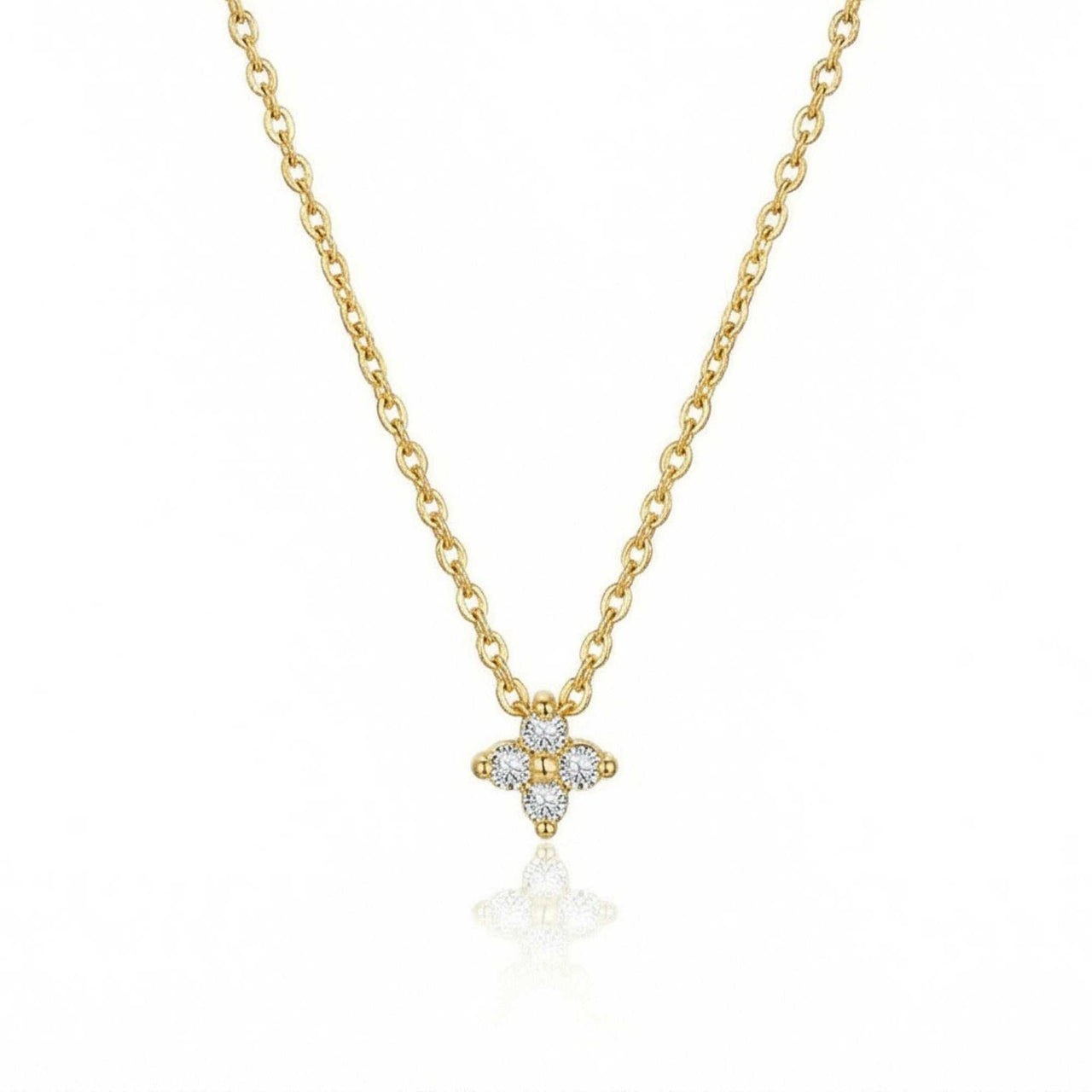 Crystal Flower dainty necklace gold packshot — refined four-leaf zircon flower pendant with brilliant-cut crystals on cable chain