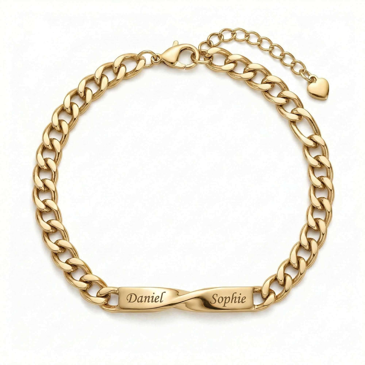 Infinity Bond Matching Bracelet by Brother & Sisters features two names elegantly intertwined on a gold chain.