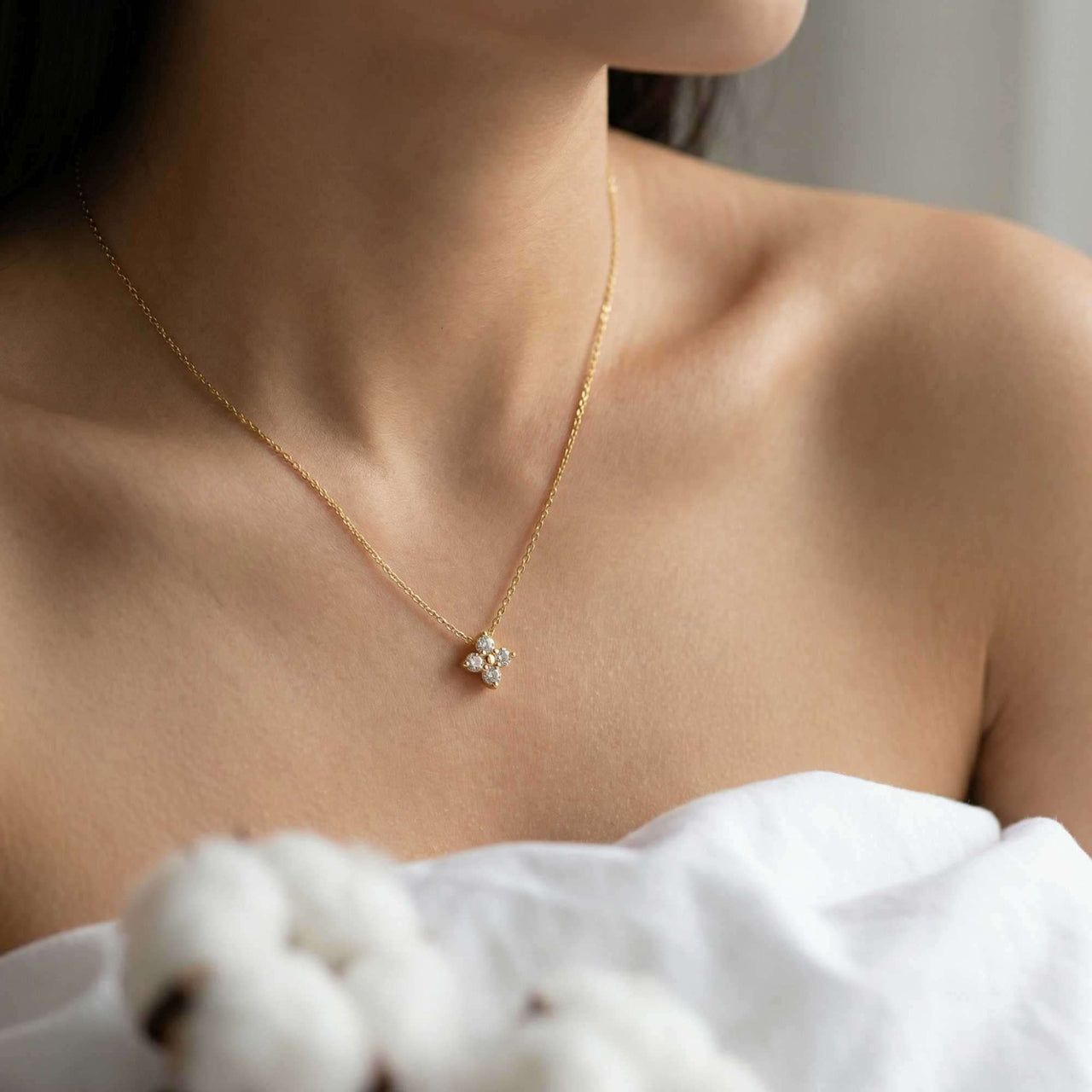 Crystal Flower necklace dainty four-leaf zircon pendant on delicate cable chain — minimalist refined design by Brother & Sisters