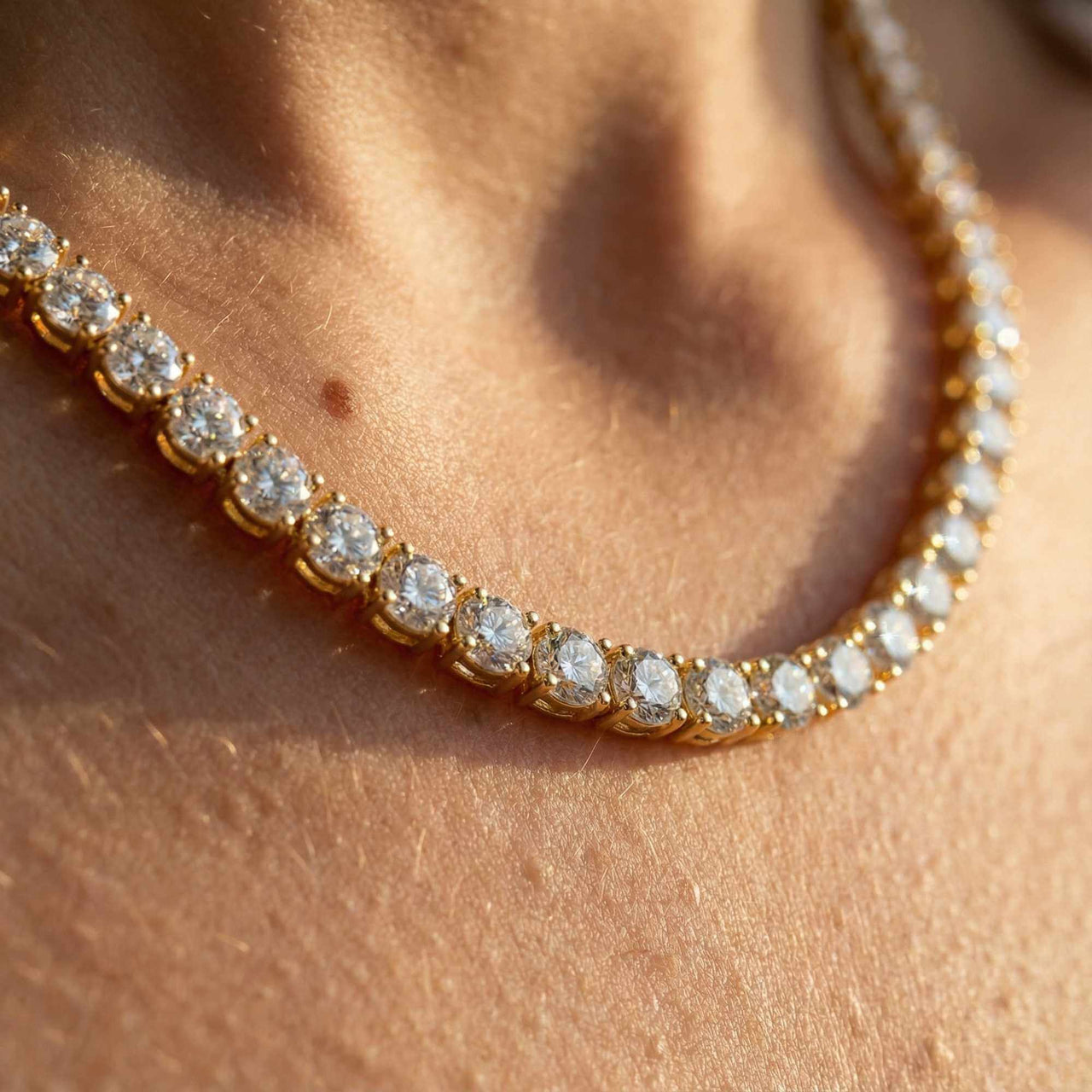 Isolde Tennis Necklace featuring brilliant-cut diamond simulants set in 18K gold by Brother & Sisters.
