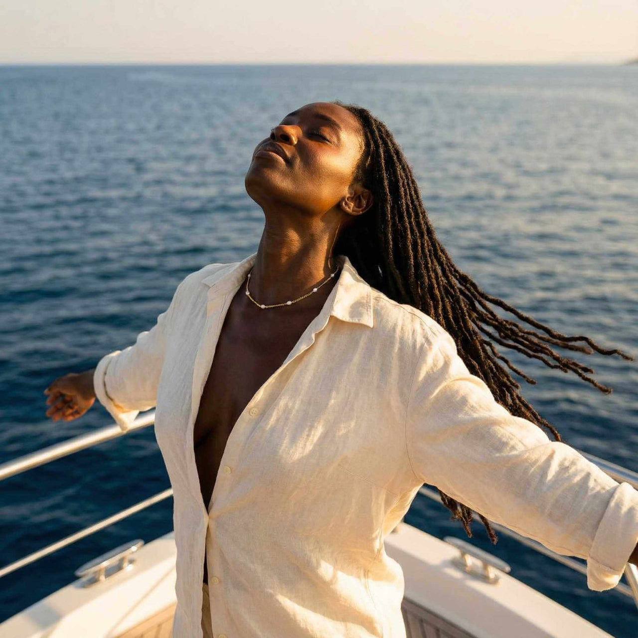 A woman wearing a Dainty Pearl Choker enjoying the ocean breeze on a boat, showcasing the elegant design by Brother & Sisters.