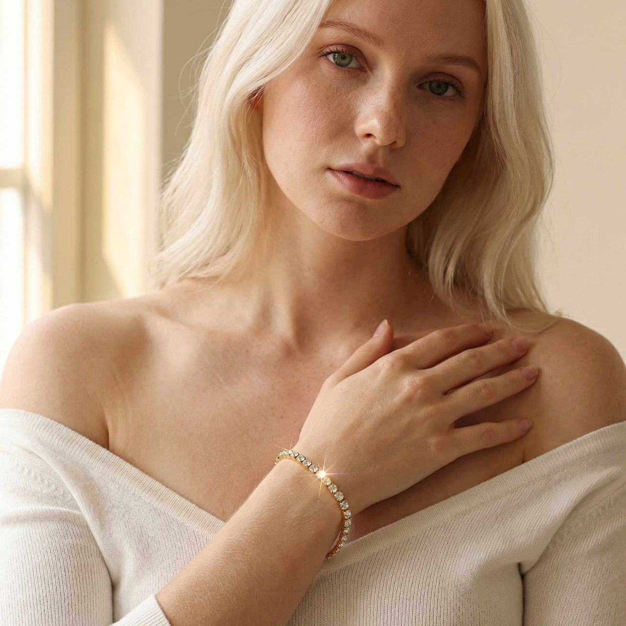 Model wearing a Tennis Bracelet by Brother & Sisters, featuring sparkling zirconia in a stylish and elegant design.