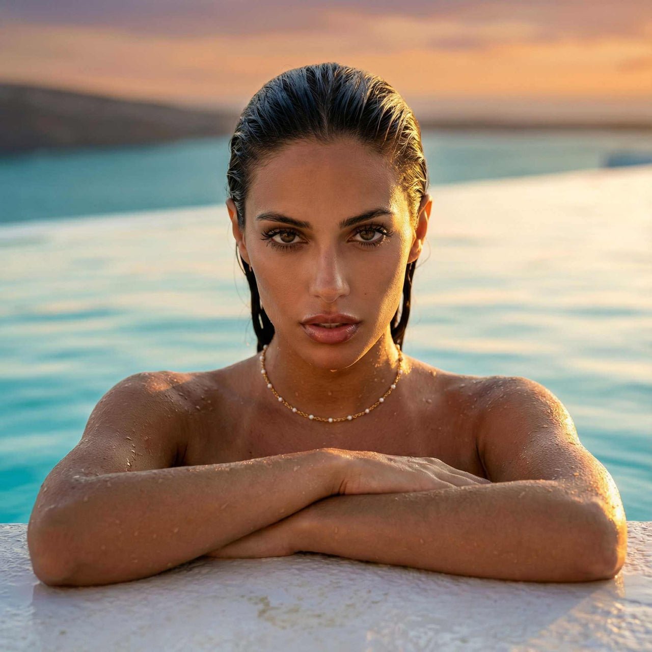 White Beaded Choker showcased on a model by Brother & Sisters, with a stunning sunset background.