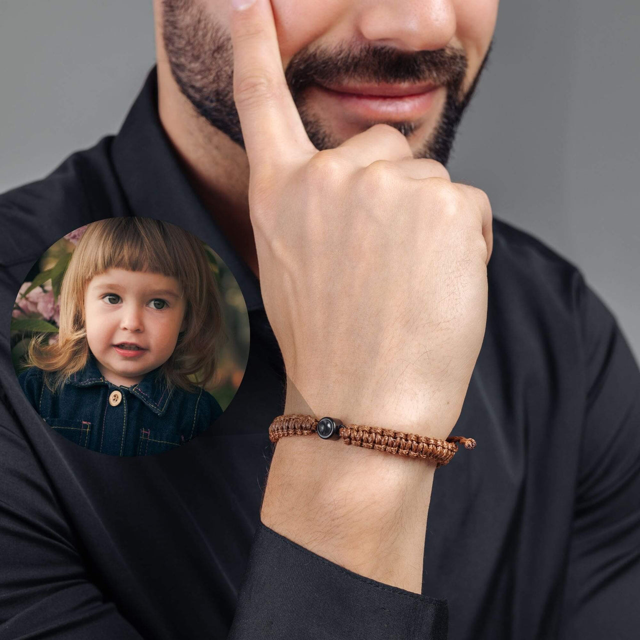 Man Brown Photo Bracelet featuring a personalized photo pendant, stylish design by Brother & Sisters.