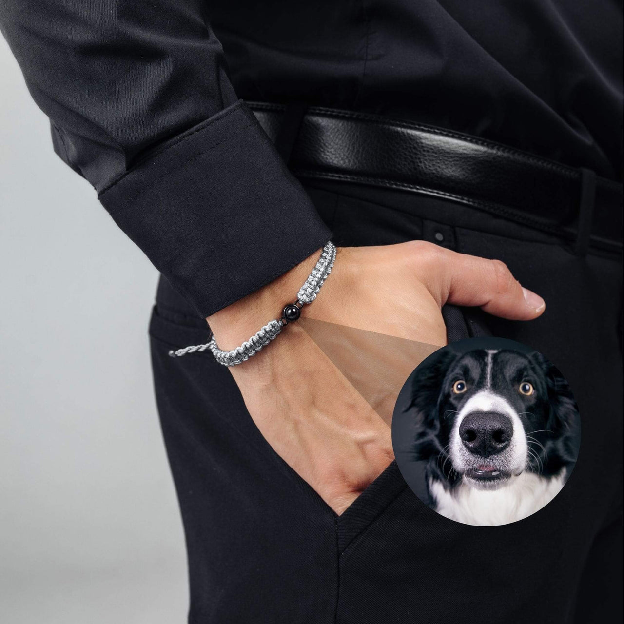 Man Grey Photo Bracelet worn by a man with a photo of a dog, designed by Brother & Sisters for cherished memories.