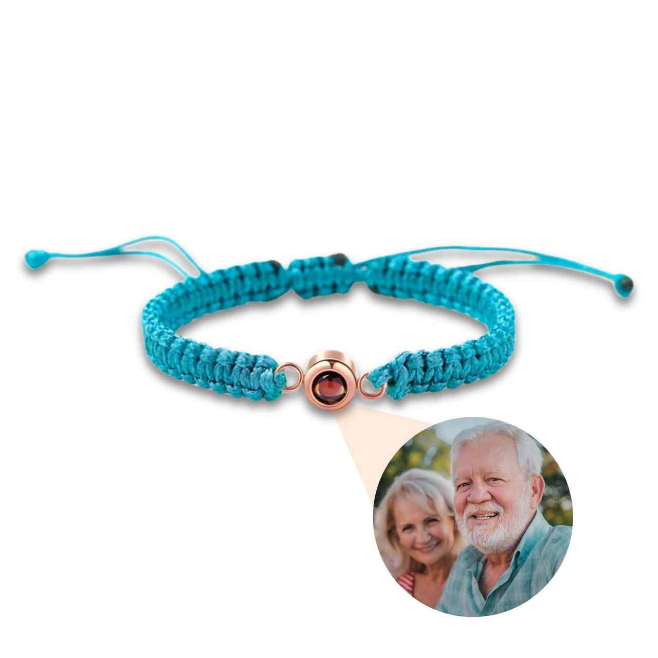 Man Blue Photo Bracelet by Brother & Sisters featuring a circle pendant for personalized photo memories.