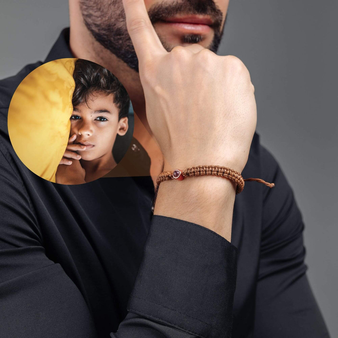 Man Brown Photo Bracelet featuring a personalized photo pendant, perfect for celebrating cherished memories by Brother & Sisters.