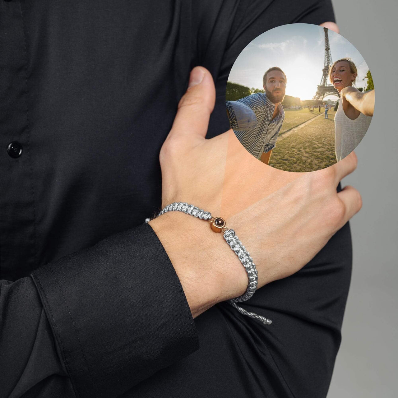 Man Grey Photo Bracelet featuring custom photo, designed by Brother & Sisters, perfect men’s personalized jewelry gift.