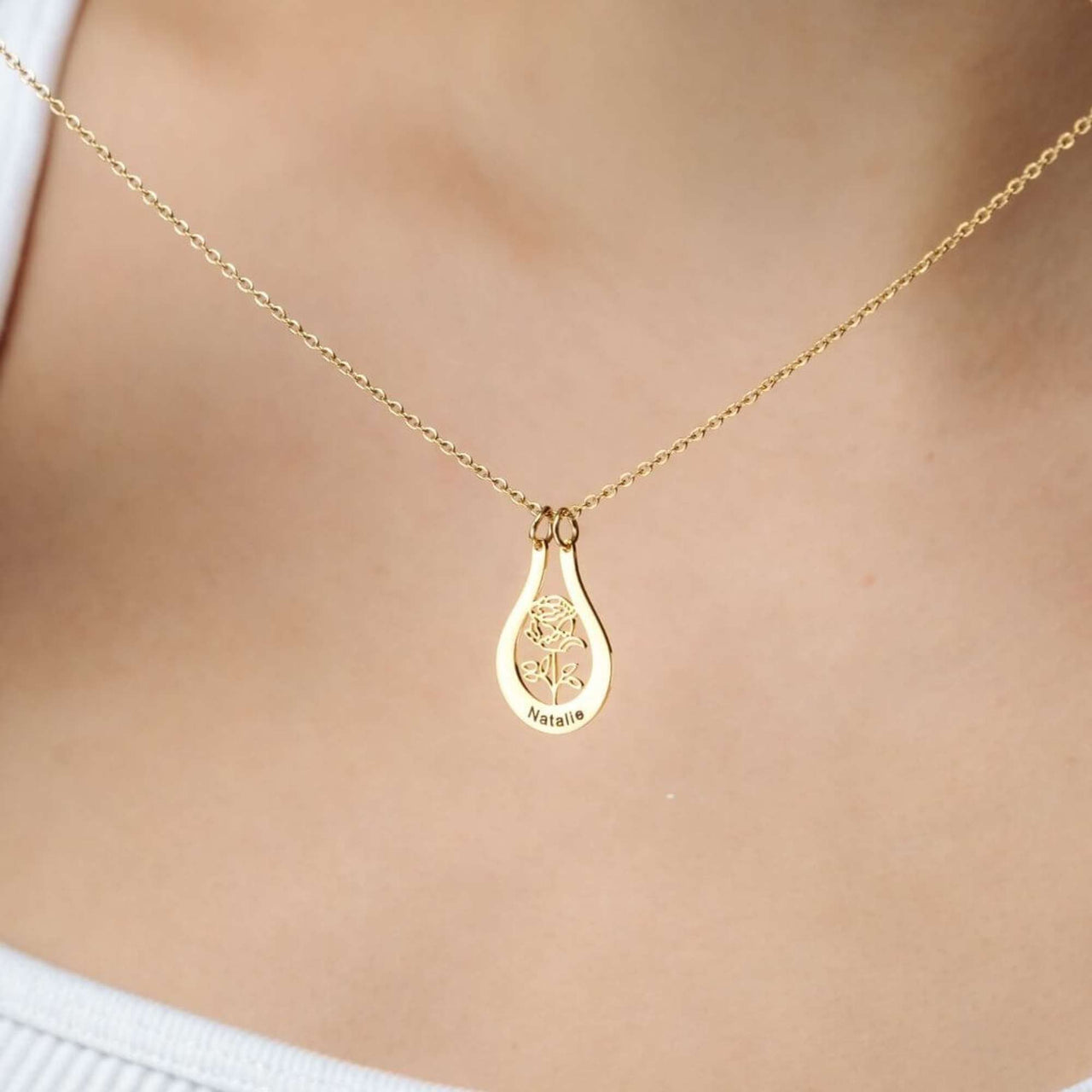 Gold Birth Flower Name Necklace personalized with 'Natalie' by Brother & Sisters