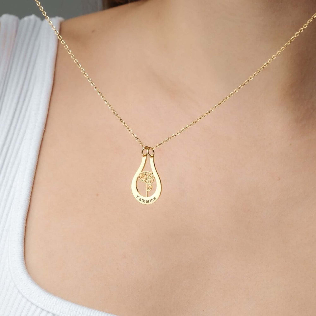 Birth Flower Name Necklace by Brother & Sisters featuring a personalized pendant with a birth flower design.