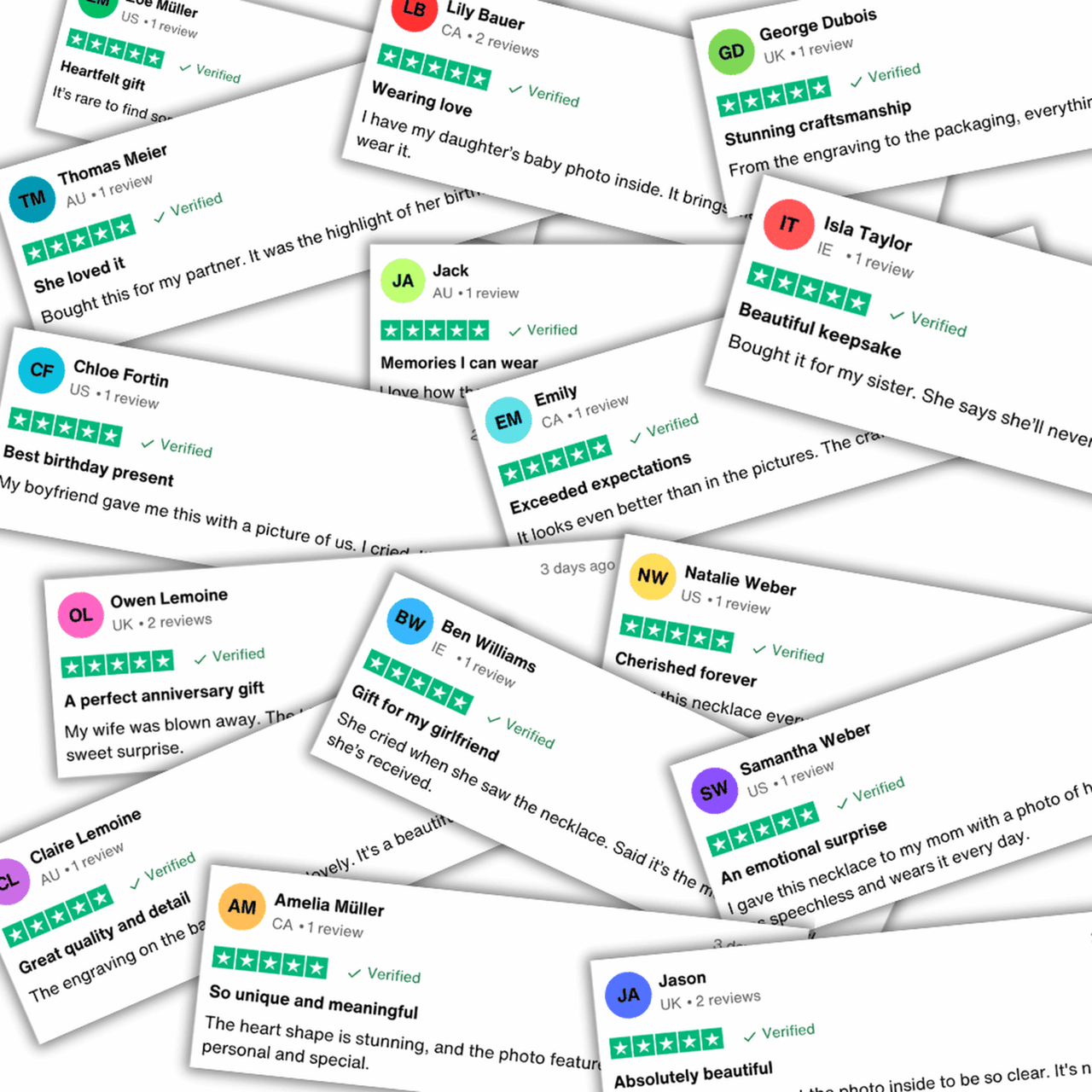 Collage of customer reviews for the Sunflower Photo Necklace by Brother & Sisters, highlighting positive sentiments and personalized gifts.