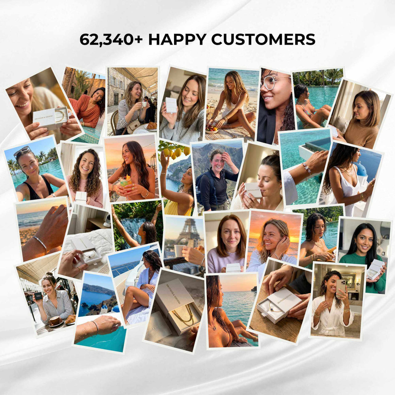 62,340+ real B&S customers — photo collage of women wearing B&S pearl jewelry on holidays and weddings