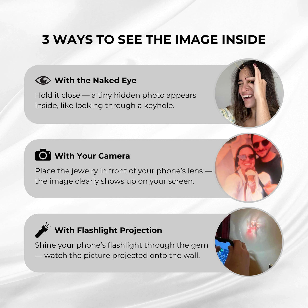 Sunflower Photo Necklace features three ways to view the hidden image: naked eye, camera, and flashlight projection.