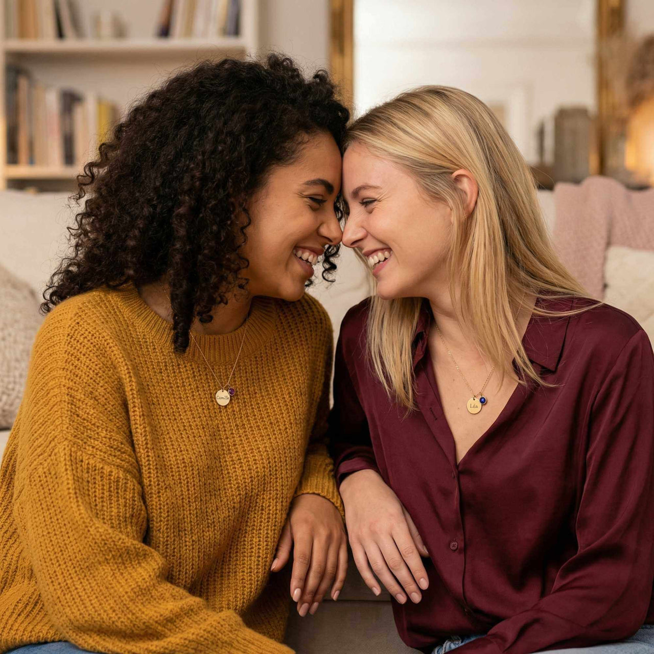 Precious Name Necklace worn by two women, showcasing personal connection and heartfelt gifting by Brother & Sisters.