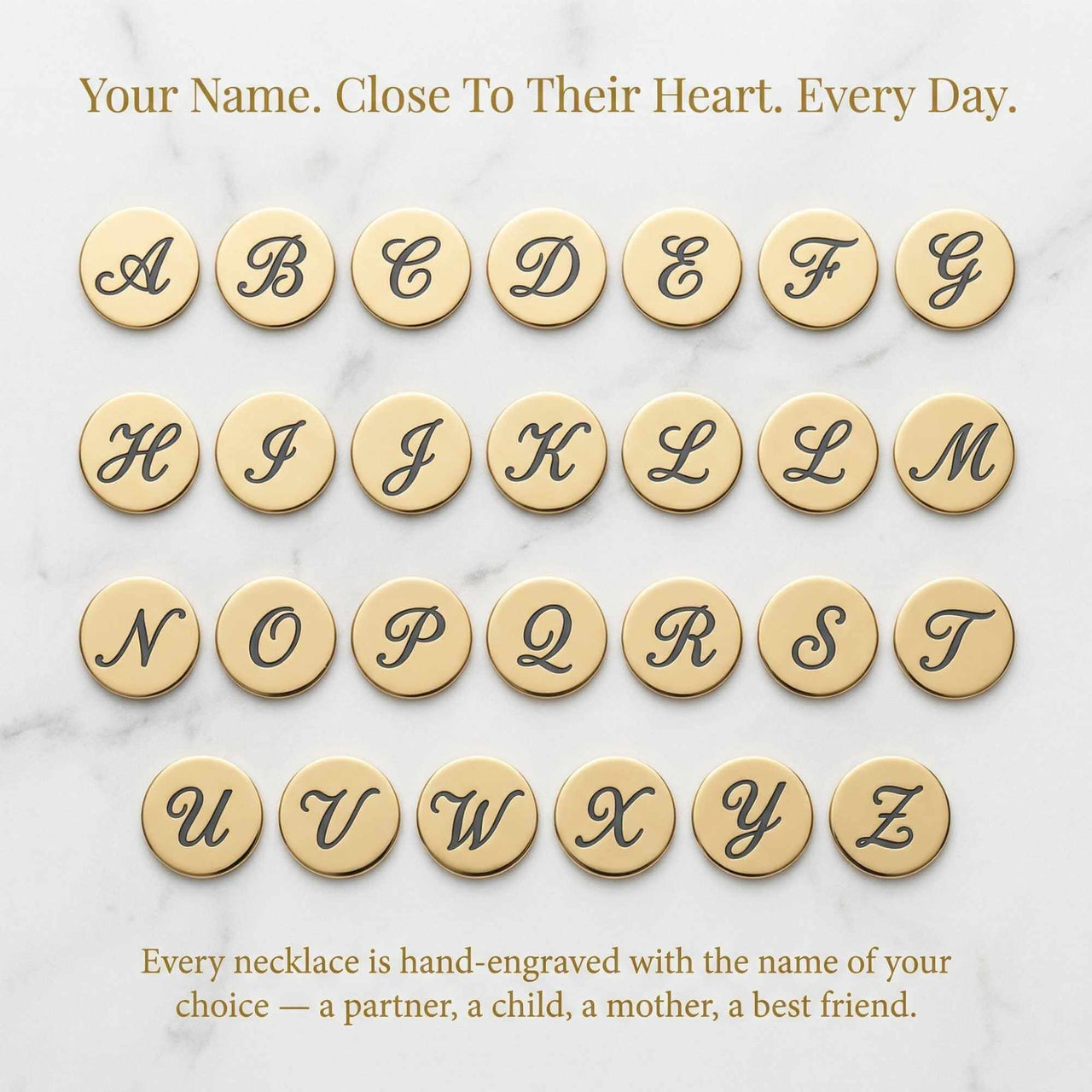 Alphabet letters on gold discs for Precious Name Necklace by Brother & Sisters, personalized jewelry for loved ones.