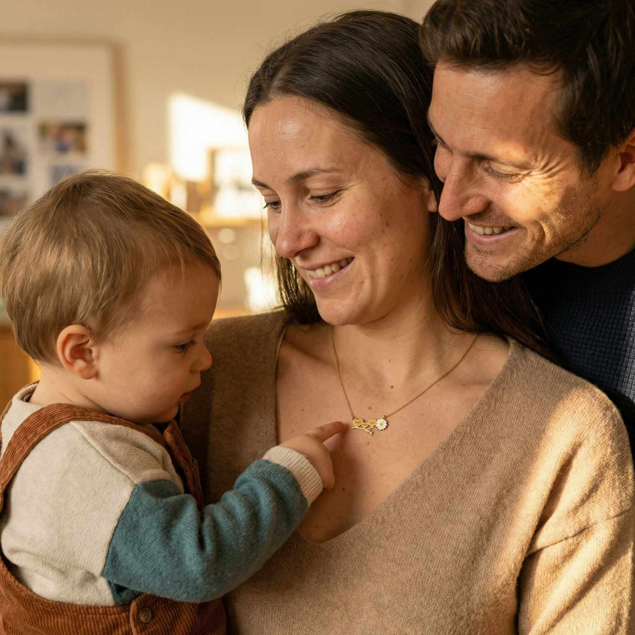 Daisy Name Necklace worn by happy family, showcasing personal connections and beautiful design by Brother & Sisters.