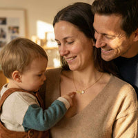 Thumbnail for Daisy Name Necklace worn by happy family, showcasing personal connections and beautiful design by Brother & Sisters.