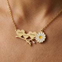 Thumbnail for Daisy Name Necklace featuring engraved hearts with names Sophie and Thomas, delicate enamel daisy by Brother & Sisters.