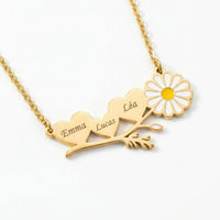 Thumbnail for Daisy Name Necklace by Brother & Sisters featuring hearts and a white enamel daisy, engraved with names Emma, Lucas, and Léa.