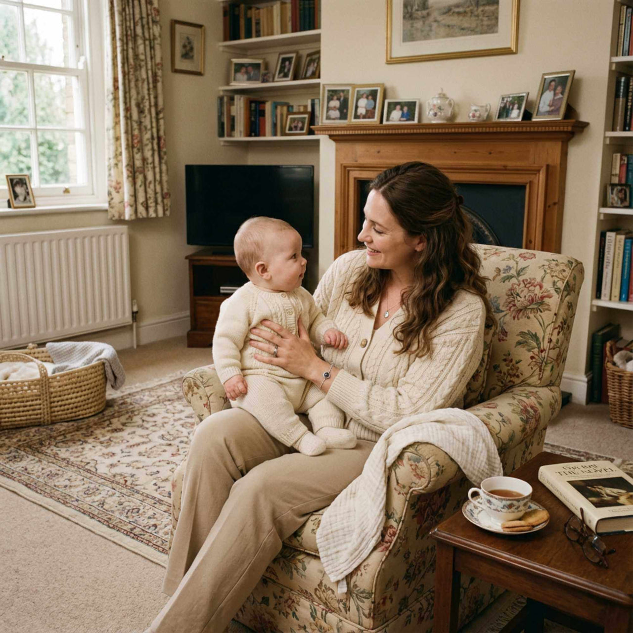Woman wearing Photo Projection Bracelet while holding her baby in a cozy living room, with warm tones and family photos.