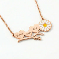 Thumbnail for Daisy Name Necklace with engraved names Emma, Lucas, Léa and a white enamel daisy by Brother & Sisters.