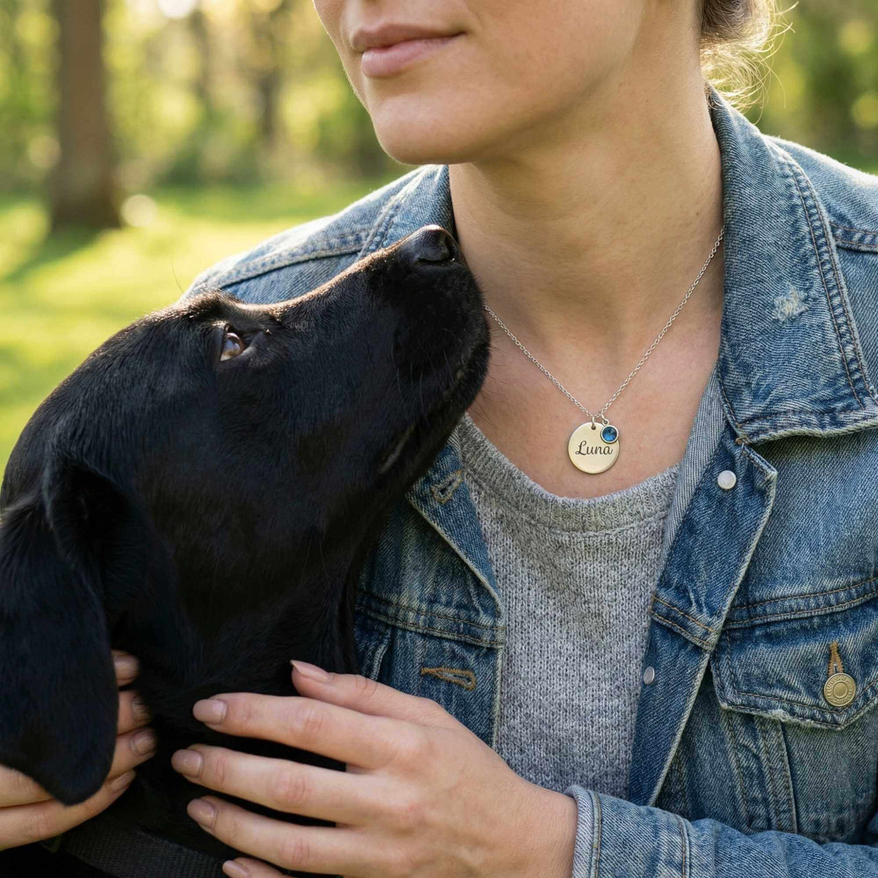 Woman wearing Precious Name Necklace with engraved name 'Luna' and birthstone, enjoying time with her dog.