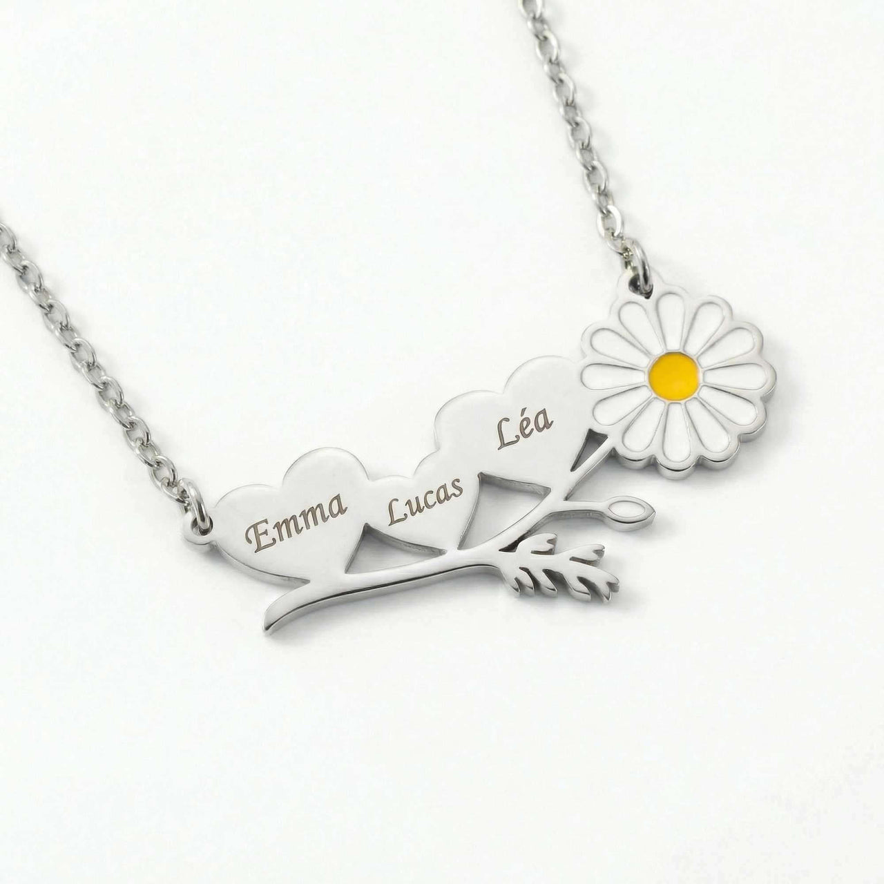 Daisy Name Necklace by Brother & Sisters featuring three engraved names and a delicate enamel daisy.