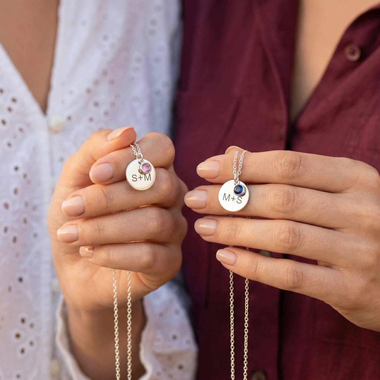 Precious Name Necklace featuring personalized pendants with initials and birthstone crystals by Brother & Sisters.