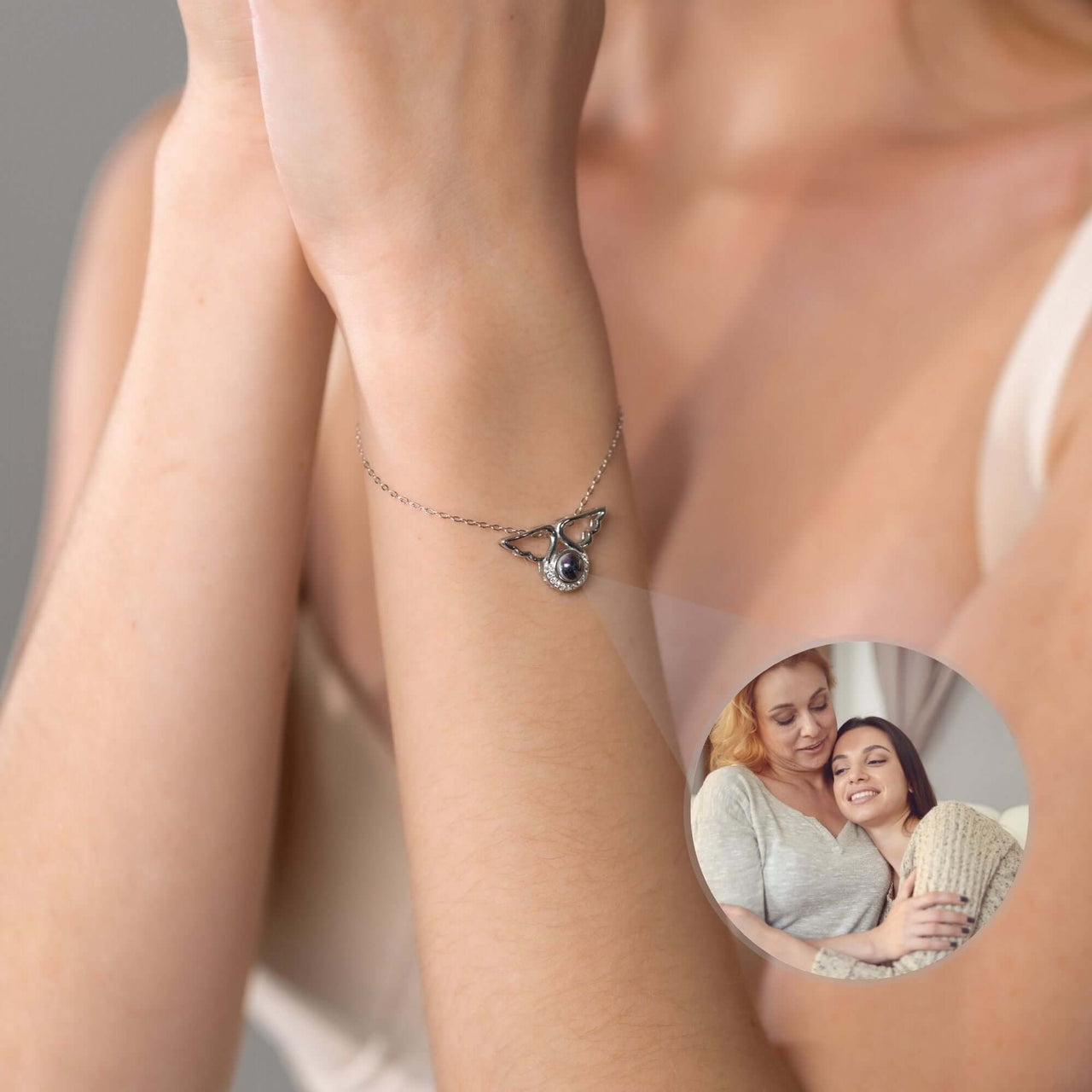 Angel Photo Bracelet featuring elegant angel wing motif, showcasing cherished memories by Brother & Sisters.