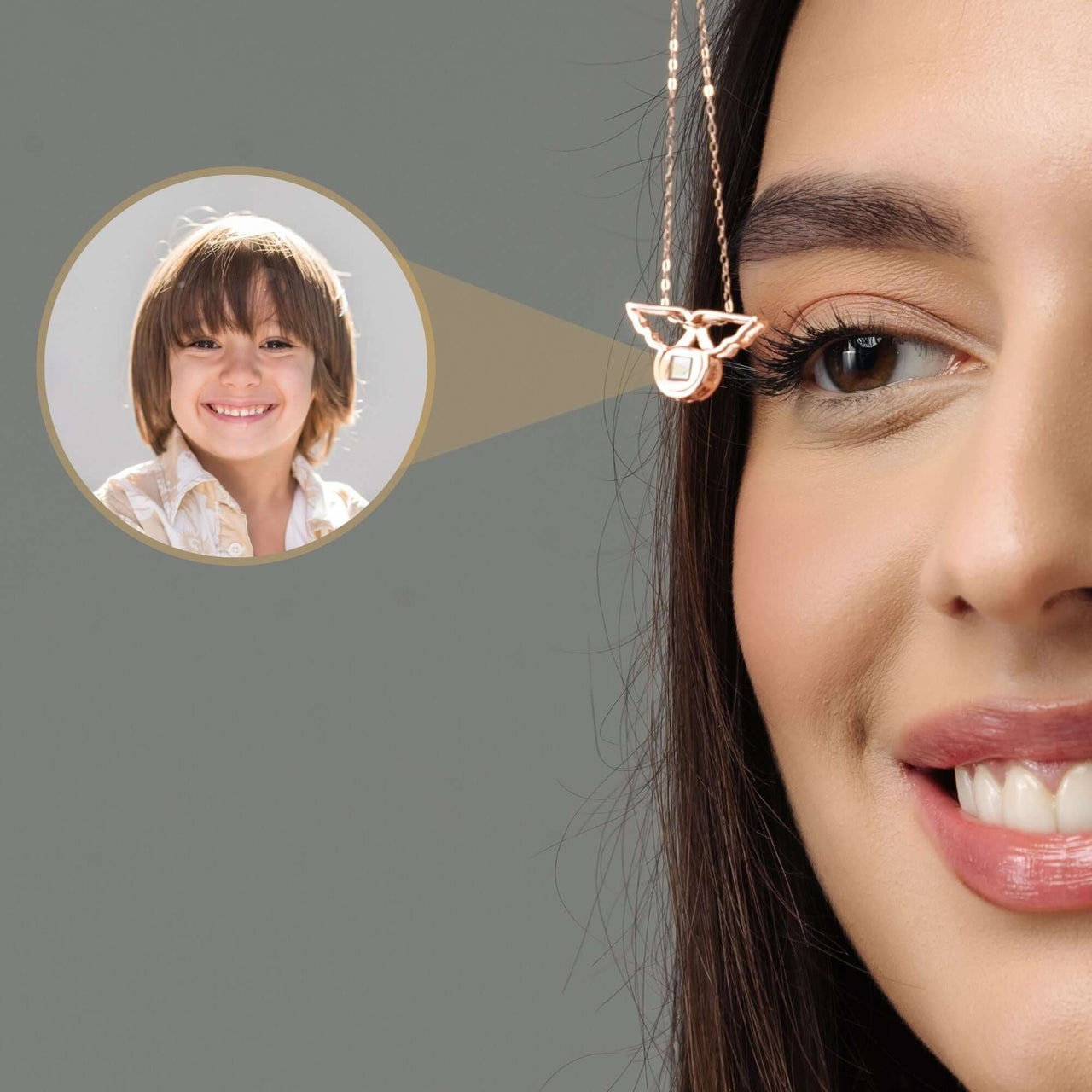 Angel Photo Necklace featuring angel wings design, capturing cherished memories in a delicate accessory by Brother & Sisters.