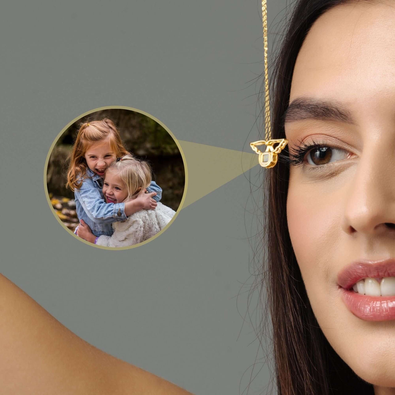 Angel Photo Necklace featuring angel wings design, worn by a model with a cherished photo locket.